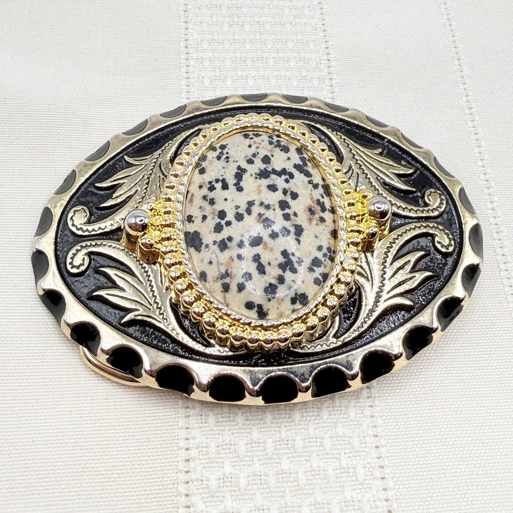 Vintage Western Speckled Stone Cabochon Gold Tone Belt Buckle